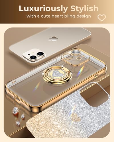 Image of XYZ for iPhone 12 Back Cover Case with Stand, Phone Case with Double Ring Kickstand, Women Girls Bling Luxury Glitter Clear Phone Case Cover Heart for iPhone 12, Gold