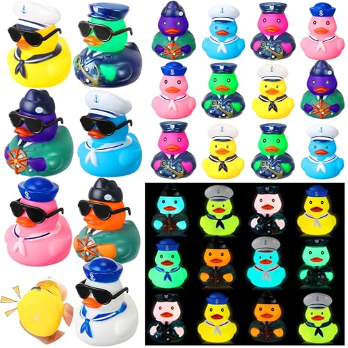 Rotatingpals 24 Pcs Cruise Ducks Sailor Glow in the Dark Rubber Ducks with Sunglasses Mini Cruise Ship Hiding Accessories 2.4'' Nautical Sailing Rubber Decor for Summer Party Favor Birthday Gift