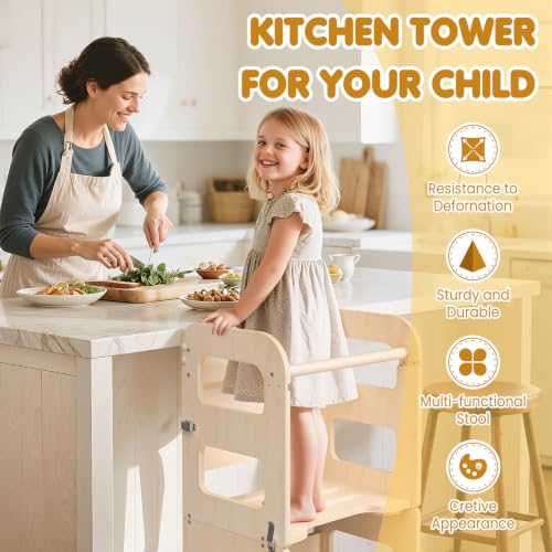 Image of Toddler Standing Tower Anti-Tip Wooden Kitchen Step Stool，Wood