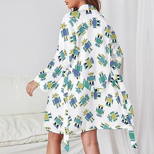 Robots Bathrobe for Women Soft Lightweight Knee Length Loungewear Spa Bathrobe Long Sleeved Nightgown S - Image 4