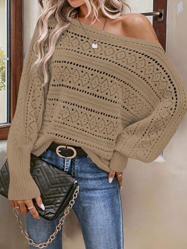 Image of Cakulo Womens Off Shoulder Crochet Sweater Top 2025 Fall Fashion Batwing Long Sleeve Sweaters Outfits Khaki XL