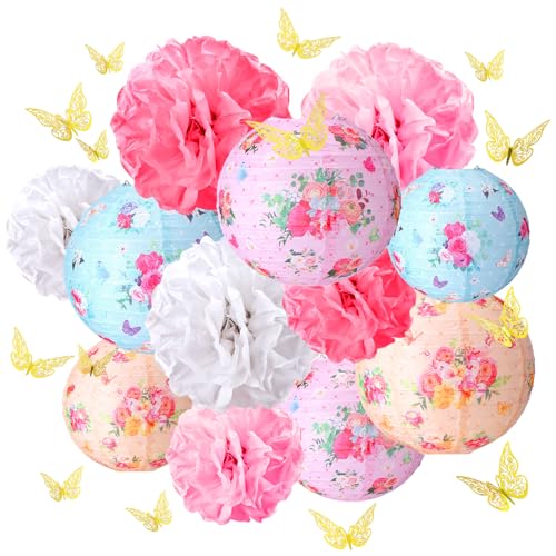 Rossesay 31 Pcs Tea Party Decorations Lanterns and Poms for Spring 9 Tea Floral Party Paper Lantern 9 Tissue Bloom Pom Pom 12 Gold Butterfly Thread for Floral Birthday Party Baby Shower Wedding Bridal