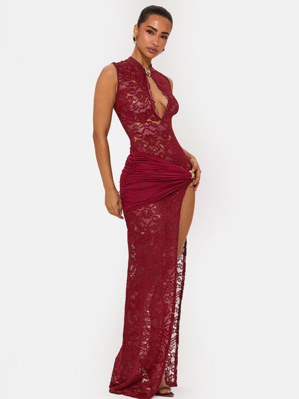 Vestido Largo Mujer Sexy Vestidos de Encaje Transparente Elegante Maxi Vestido sin Mangas con Abertura Alto Diseño Calado Vestidos Ajustado de Fiesta Cóctel Gala Bodas