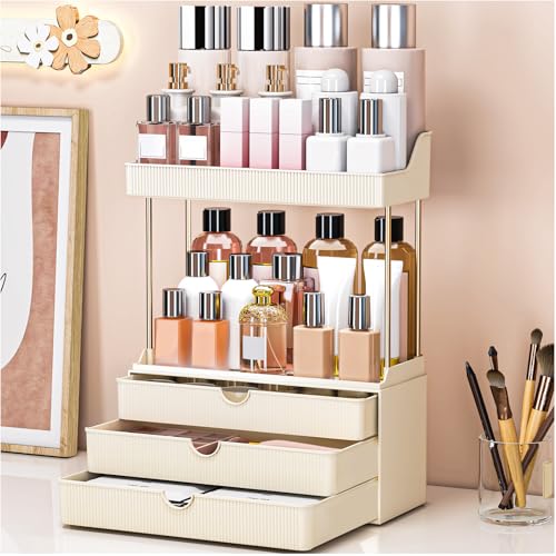 Image of caktraie Bathroom Organizers and Storage - 3 Drawers 2 Tier Makeup Organizer, Cosmetic Storage Drawer for Dresser Countertop and Bathroom Vanity for Large Skincare, Perfume, Cream White