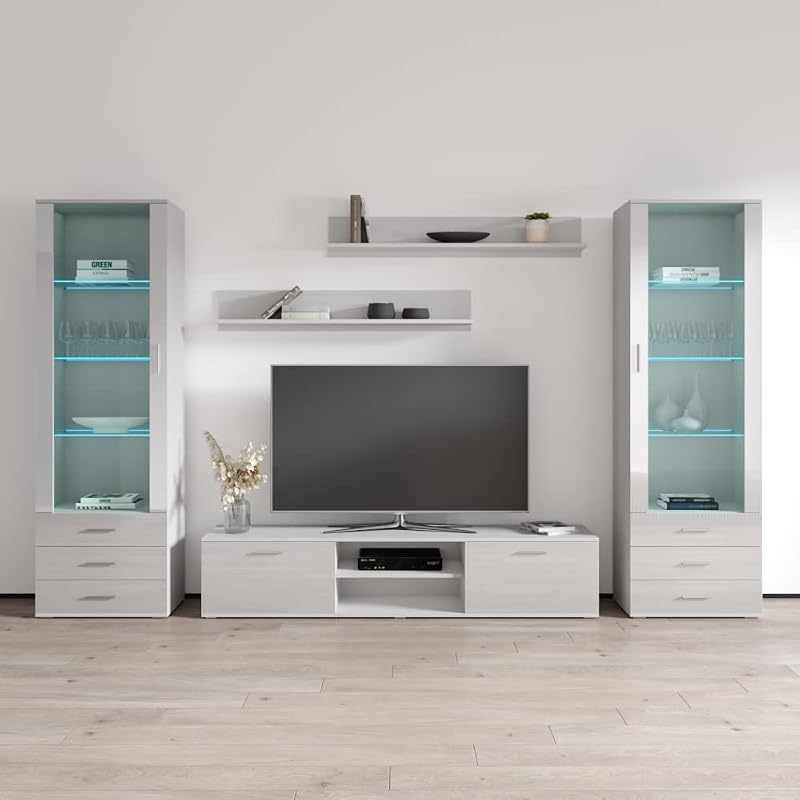 Meble Furniture Soho 4 Wall Unit Entertainment Center — Storage Bookcase and Sideboard — Modern High Gloss and Matte Finish, 80.3 x 15.7 x 71.3 inches — White