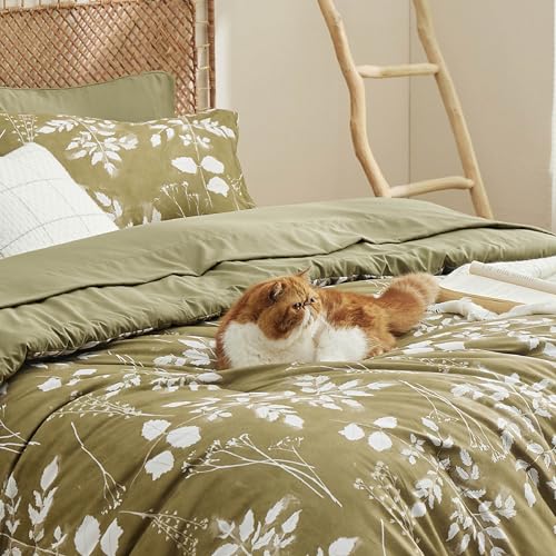 Image of Bedsure Floral Olive Green Comforter Set, Queen Bedding Sets, 7 Piece | Bed in a Bag, Comforters, Bedroom, Reversible, Fluffy, Whisper-Quiet, All-Season, Polyester, Easy Care, Botanical-Chic, OEKO