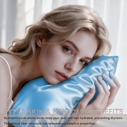 Image of LYSHIN Silk Pillow Cases 2 Pack Queen Size with Zipper, Sky Blue | 19 Momme Mulberry Silk Pillowcase for Skin and Hair, Anti-Acne, Hypoallergenic, Cooling, Beauty Sleep, Gifts for Women