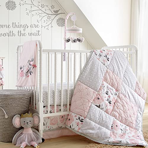 Image of Levtex Baby - Elise Crib Bed Set - Baby Nursery Set - Pink, Grey, and White - Floral and Velvet Patchwork - 5 Piece Set Includes Quilt, Two Fitted Sheets, Wall Decal & Skirt/Dust Ruffle