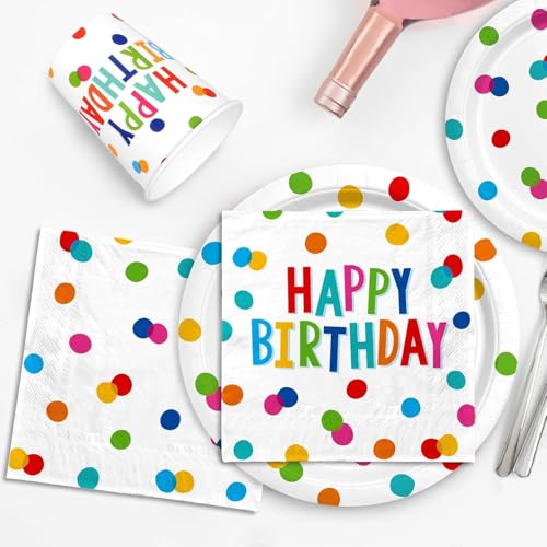 Image of Birthday Party Supplies Set for 25 Guests, Polka Dot Happy Birthday Decorations Kit with Plates, Napkins, Cups, Tablecloth, Banner & Balloons, Colorful Unisex Party Decor