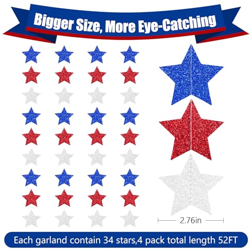 Image of Patriotic Glitter Star Garland Banner Streamers - 2.76 Inch 52 FT 4 Strands Paper - Red White and Blue Hanging Decorations for American 4th of July, USA Independence Day, Memorial Day, Labor Day