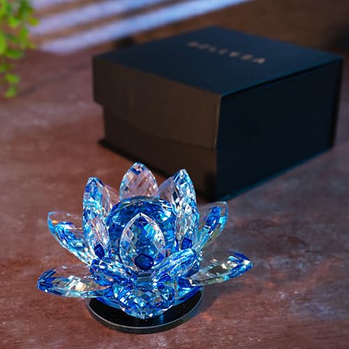Image of FengShui Crystal Lotus Flower Showpiece & Paperweight | Vastu Decor for Home & Office | Desk Decoration | Feng Shui Items for Good Luck, Home Decor & Gifting | Blue (Medium-10.5 x 5.5 CM)