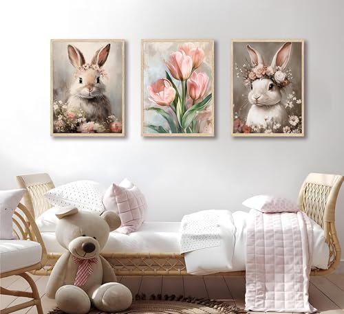 Image of FJKLRP 3pcs Pink Bunny Canvas Prints Wall Art 12x16 inches Unframed