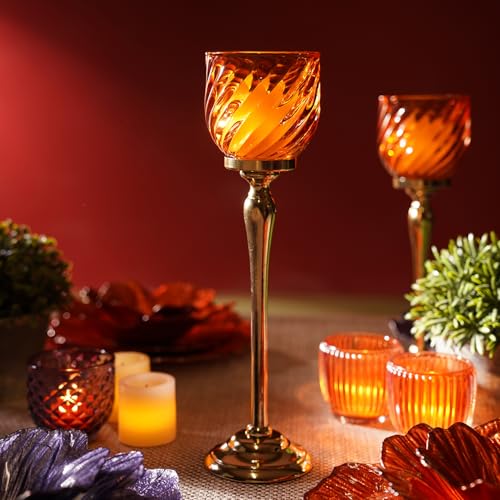 Image of Pure Home + Living Orange Swirl Textured Hurricane - Large Candle Holders for Home Decor with Glass Hurricane, Dining Table Decor, Candle Holder, Decorative Candle Stands for Home Decor