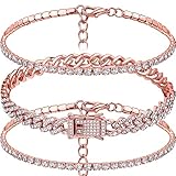 Sureio 3 Pcs Anklets Bracelet for Women Adjustable Diamond Tennis Cuban Style Link Anklets for Women Wedding Fashion Gifts(9 Inch,Rose Gold)