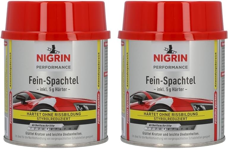 NIGRIN Performance Fein-Spachtel, härtet ohne Rissbildung, glättet Kratzer und Unebenheiten, 245 g inkl. 5 g Härter (Packung mit 2)