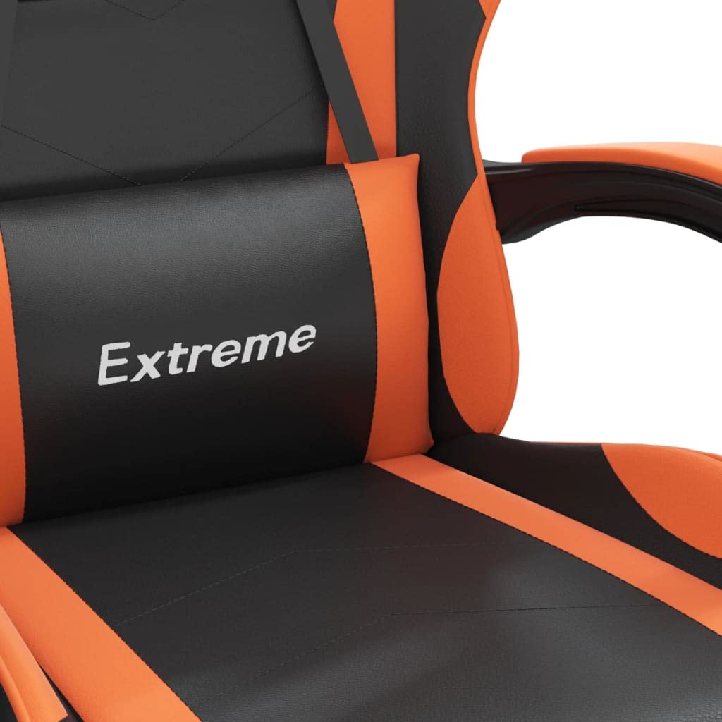 Gaming-Stuhl mit Fußstütze und Rollen, Kunstleder Schwarz Orange, Drehbar mit Höhenverstellung und Wippfunktion, Ergonomischer Bürostuhl für Gamer und Streaming-Sessions
