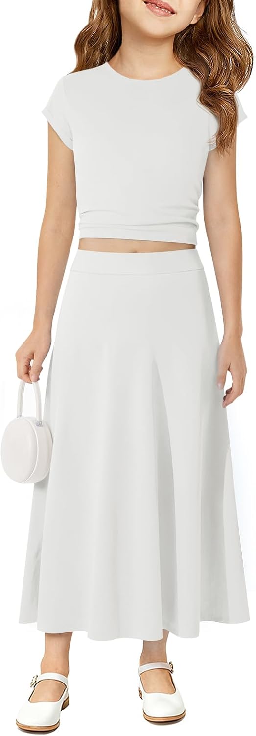 Haloumoning Girls 2 Piece Maxi Skirt Set Kids Ribbed Knit Crop Top and Elastic Waist Long Skirt Sets Outfits 5-14 Years