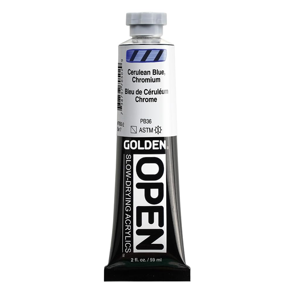 GOLDEN OPEN Slow-Drying Acrylics, Cerulean Blue Chromium, 2 fl oz. tube, Professional Acrylic Paint, Semi-Transparent