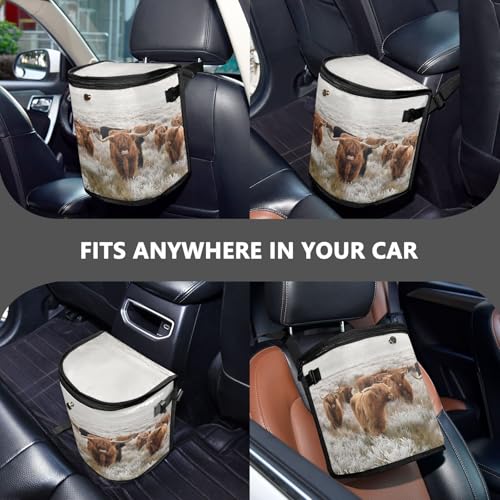 Image of linqin Scottish Highland Cow Car Trash Can with Lid Leak Proof Car Trash Bag Waterproof Car Garbage Can, Polyester Trash Bin Hanging for Minivan SUV Truck