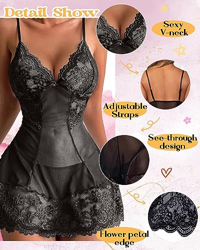 Joligiao-Conjunto-de-Lenceria-Sexy-para-Mujer-Lenceria-de-Encaje-con-Cuello-en-V-2-Piezas-Lenceria-Erotica-con-Tanga-Floral-Transparente-Ropa-Interior-sin-Mangas
