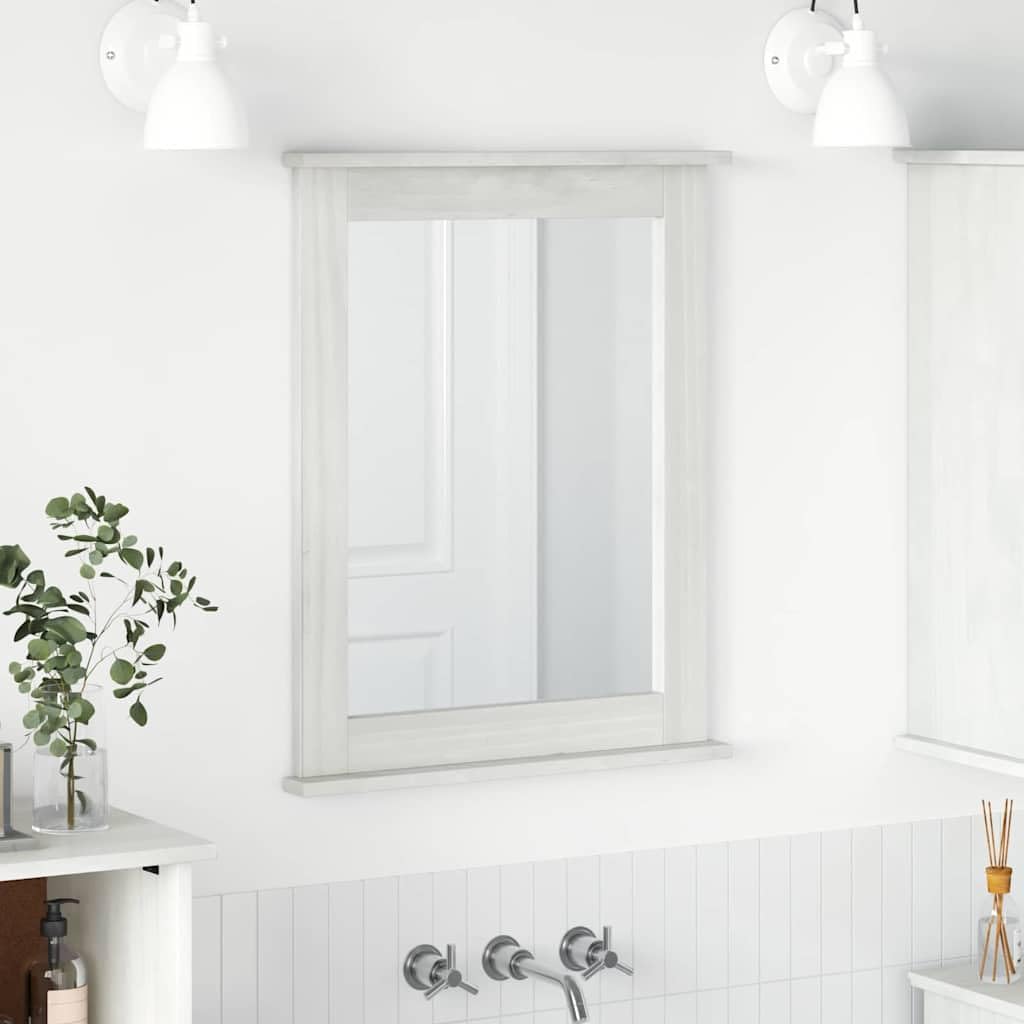 VIGO - Specchio da parete rettangolare in legno massiccio di pino massiccio, bianco, anticato, 55,5 x 5 x 70 cm, con maniglie in metallo, per corridoio, camera da letto, soggiorno, decorazione