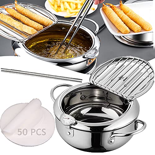 Tempura Fryer Pot with Thermometer Stainless Steel Japanese-style Frying pan with Oil Drip Rack Lid Tempura Pan for Kitchen Cooking 2200ML