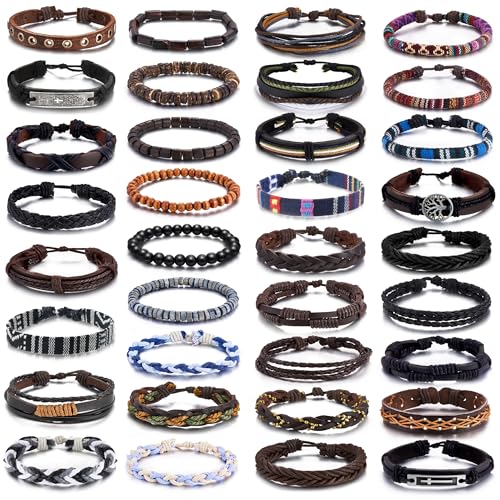 RIOSO 35Pcs Leather Bracelets for Men Women Braided Hemp Wood Bead Bracelet Set Ethnic Tribal Leather Wrap Cuff Wristband Bracelet