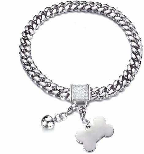 Miniatura 6 de Collar de plata para perro, collar de cadena de eslabones cubanos con hebilla de circonita, etiqueta de identificación y campana, a prueba de