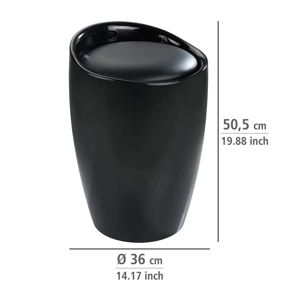 WENKO Badhocker Mod. Candy Schwarz, Hocker mit Stauraum für das Badezimmer und Wohnzimmer, integrierter Wäschesammler, ABS-Kunststoff, BPA-frei, Fassungsvermögen 20 L, Ø 36 x 50,5 cm