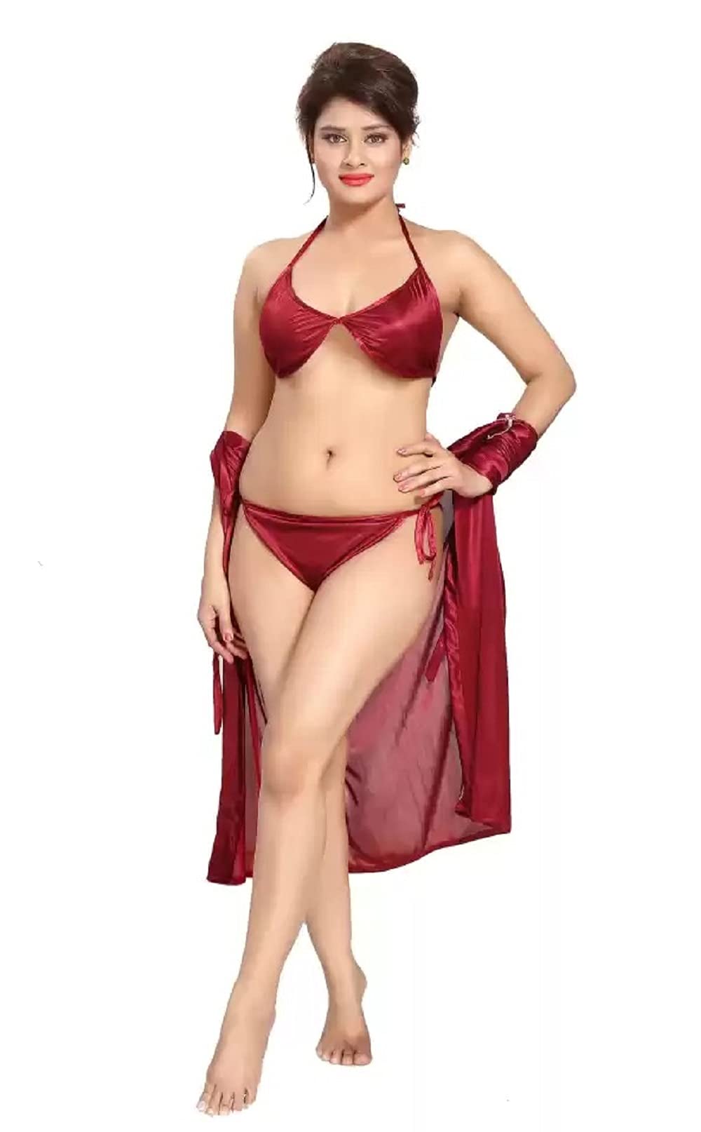 Lingerie Set for Women for Honeymoon hot Lingerie Set for Women for Girls Night Dress (3 Piece Marron) Free Size-image-39