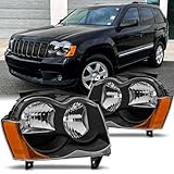 Aresparts 2PCS Headlight Assembly For 2008 2009 2010 Jeep Grand Cherokee(WK) Overland Laredo Limited SRT8 SUV Replacement Headlamps Black Housing Amber Reflector