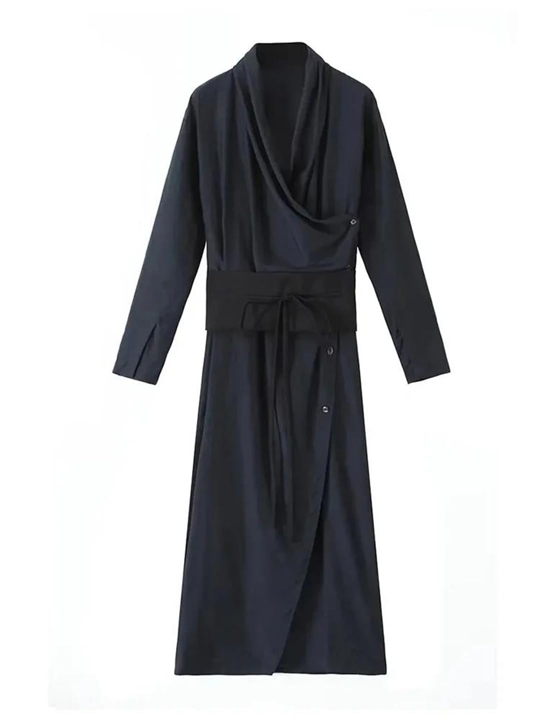 HEYDHSDC Women's Solid Color Belted Long Sleeve V-Neck Casual Dress