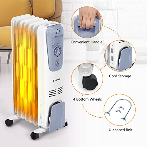 Costway Oil Filled Radiator Heater, 1500W Portable Space Heater With Adjustable Thermostat, 3 Heat Settings, Overheat And Tip-Over Protection, Electric Oil Heater For Living Room Bedroom, Indoor Use #TOP7