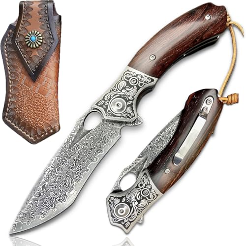 TACTICAL GEARZ Damascus Pocket Folding Knife, Natural Rosewood Handle, Damascus Steel Blade, Includes Custom Stitched Leather Sheath! (Reno XT)