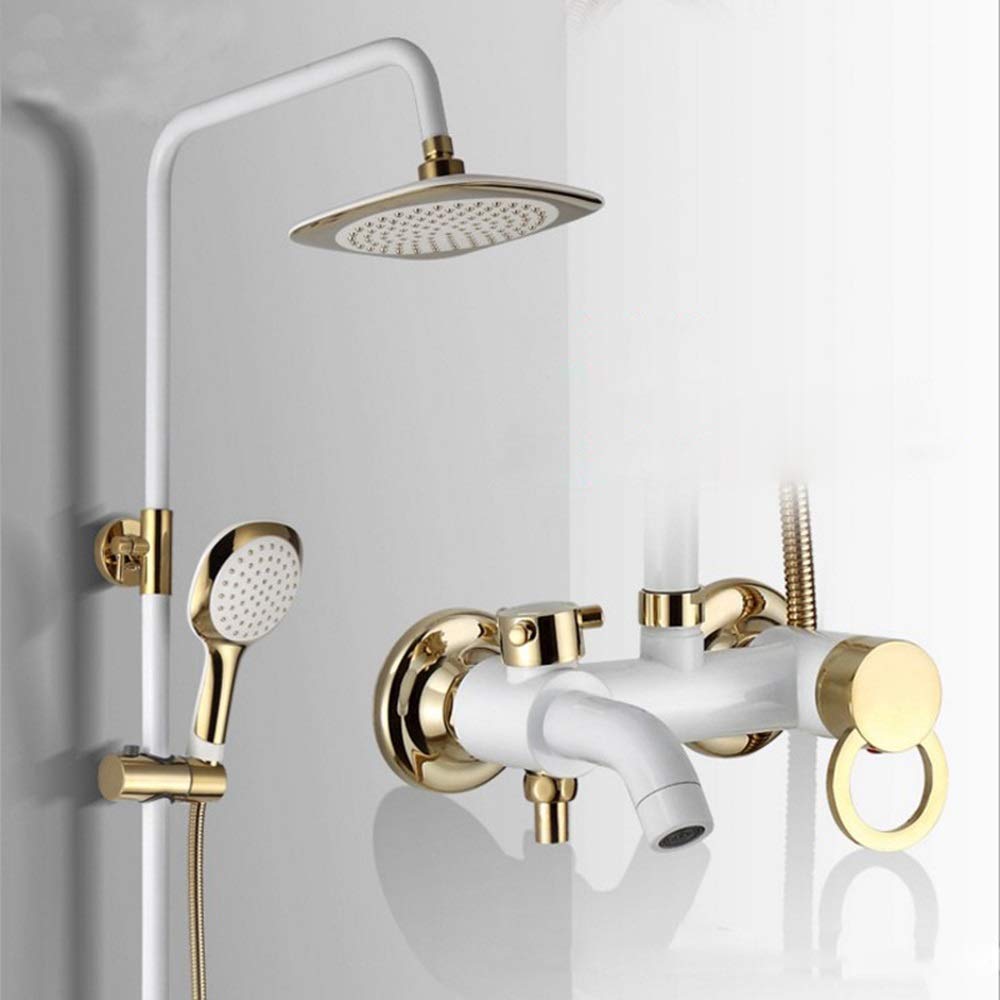 GLJTUO Shower System, White Gold Double Lift Household Brass Shower Faucet and Cold Shower Set Booster Top Spray Shower System 3 Modes Practical
