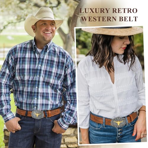Image of VONMELLI Western Belt for Men Women, Embossed Leather with Bull Buckle