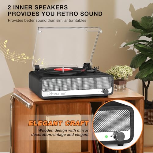 Image of Vinyl Record Player with Built-in Speakers,3 Speed Turntable with Bluetooth 5.3, AUX Input, Headphone Jack, RCA Output and Auto Stop, Mirror Vintage Wooden Black
