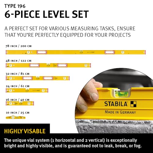 Image of STABILA Type 196 6-piece Level Tool Set - Includes: 16, 24, 32, 48, and 78 Inch Spirit Levels, Torpedo, and Carry Case, Cat. Number 78296
