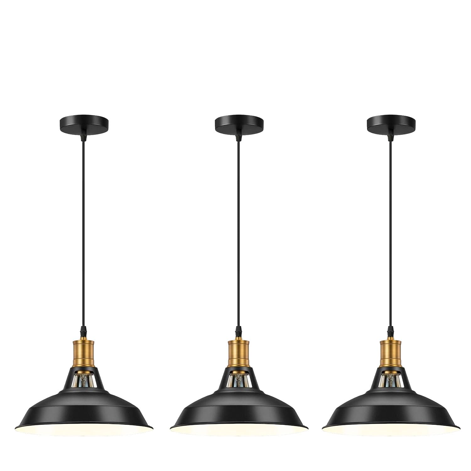 LEDSone 3PCS Vintage Retro Chandelier Industrial Pendant Ceiling Light E27 Metal Lampshade LED Pendant Light Fixture Loft Pendant Lamp (Black Interior White, Without Bulb)