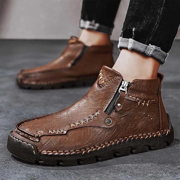 Stepthetop Motorcycle Boots, Step The Top Hand-Stitched Wide Toe Genuine Leather Boots for Men, Waterproof and Anti-Slip, Suitable for Work, Driving, Hiking4