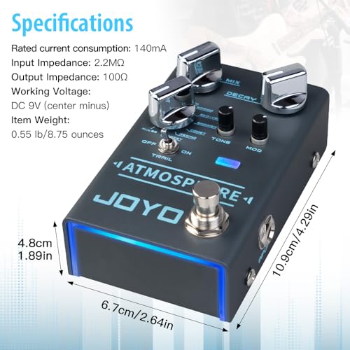 Image of JOYO Digital Reverb Guitar Pedal, 9 Modes (Spring /Church /Plate /Shimmer & More) with MOD Control & Trail Function, Bypass (Atmosphere R-14)