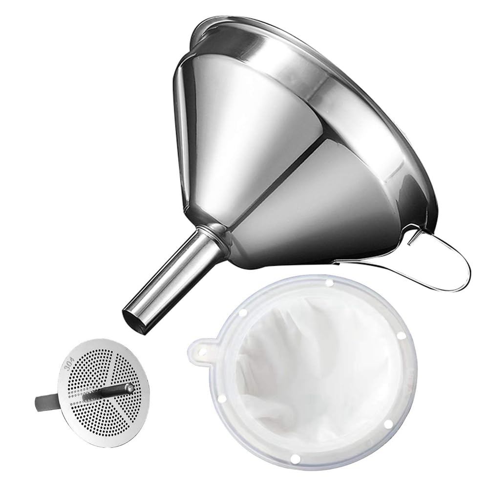 CTRLZS 5.1 Inch 304 Stainless Steel Kitchen Funnel With 200 Mesh Food Filter Strainer For Transferring Liquids, Oil, Making Jam Easy To Use