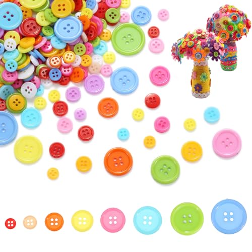 Lot de 200 boutons colorés en plastique, Boutons à Coudre Couleurs bonbon, Mercerie Différentes tailles et couleurs, 4 Trous Ronds Résine Bouton pour...