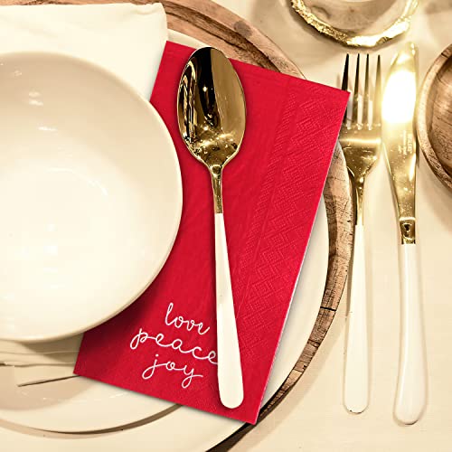 Quera 100 Pack Christmas Paper Napkins 4.38'' X 7.88'' Joy Peace Love Disposable White Decorative Table Napkin for New Year Winter Dinner Merry Christmas Holiday Xmas Decor Party Supplies red white – Image 8