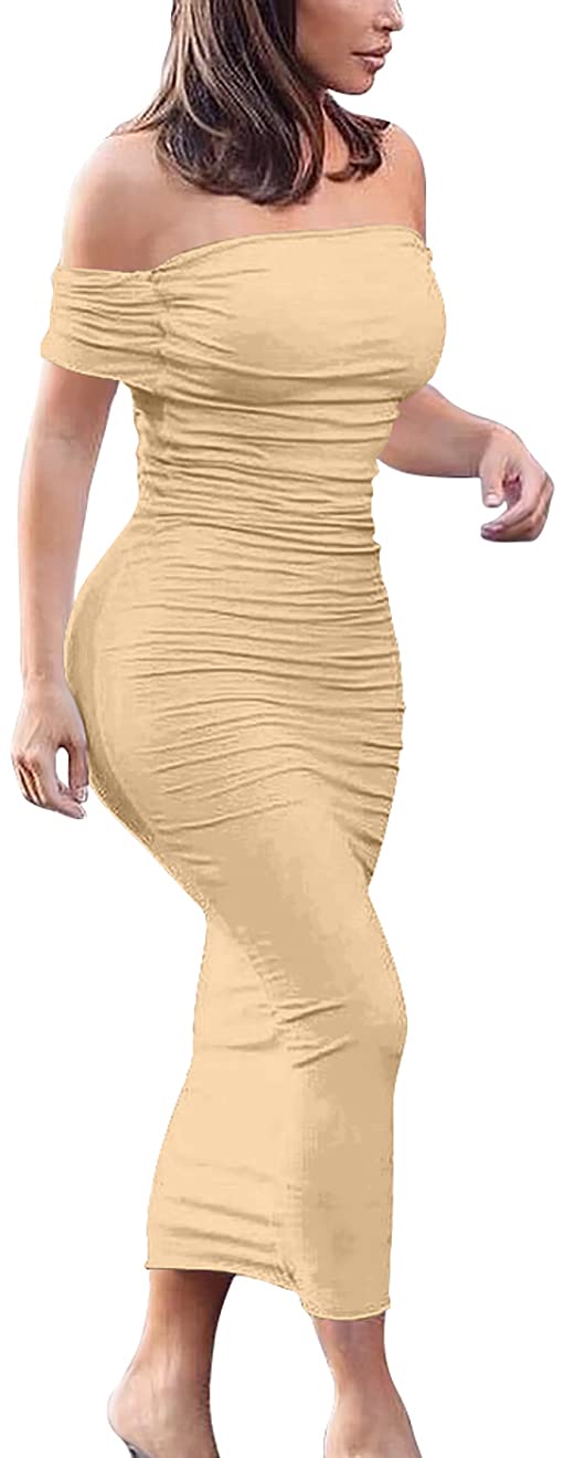GOBLES Women's Elegant Strapless Off Shoulder Bodycon Midi Cocktail Party Dress