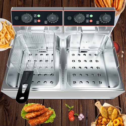 GarveeHome Commercial Deep Fryer with Basket, 11.55 QT/11 L Stainless Steel Electric Countertop Fryer with Double Tanks and Temperature Control for Restaurant and Home Use,1500 W+1500 W