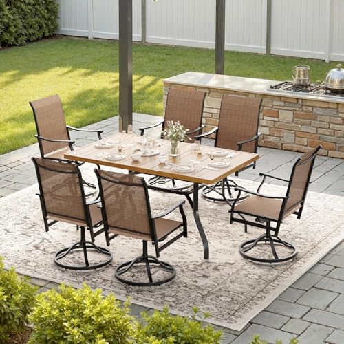 Image of Soohow Outdoor Dining Set for 6, 7-Piece Patio Table and Chairs Set, 6 x Swivel Patio Dining Chairs and 60 inchx35 inch Wood-Like Outdoor Table with 1.57 inch Umbrella Hole for Backyard, Poolside