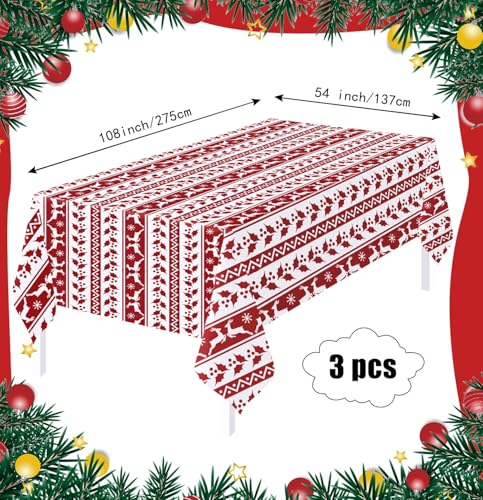 HEIPINIUYE 3 Pack Christmas Tablecloth Disposable 54 x 108 Inch Red and White Xmas Plastic Table Cloth Disposable Rectangle Table Cover for Christmas Birthday Picnic Party Xmas Tablecloths – Image 2