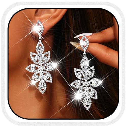 Catery Rhinestone Earrings Dangling Wedding Earrings for Women (Silver)