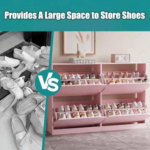 Image of Xixini Shoe Storage Cabinet for Entryway with 4 Flip Drawers, Sturdy Wood Hidden Shoe Storage, Freestanding Narrow Slim Shoe Organizer for Front Door Entrance, Living Room, Hallway, Bedroom, Pink